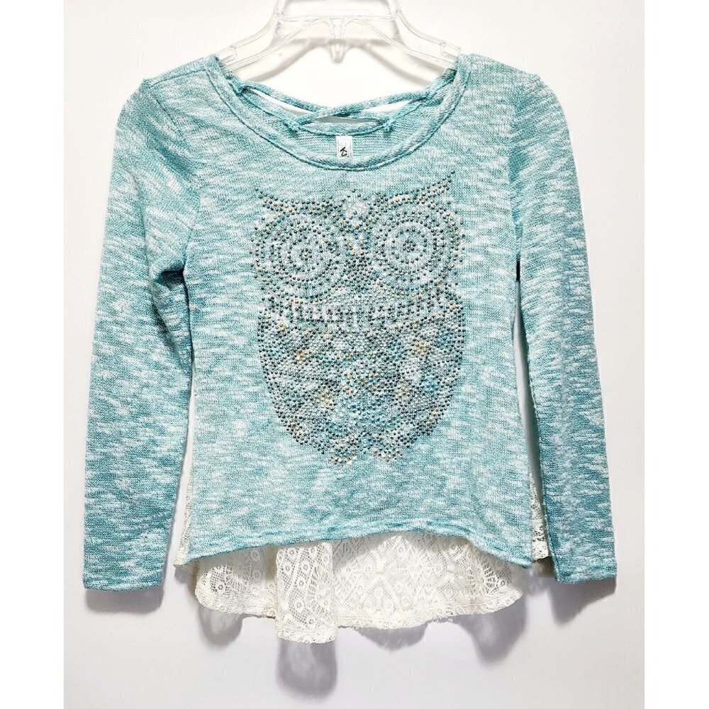 KNIT Works Girls Rhinestone Embellished Owl Lace Back Knit Sweater Size L